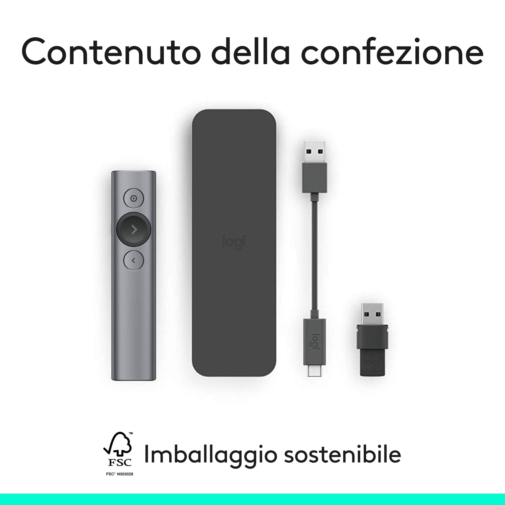 Logitech Spotlight Presenter, Puntatore Laser per Presentazioni Wireless, 2,4 GHz e Bluetooth, ‎Ricevitore USB, Puntatore Laser Digitale, Portata 30 Metri, Timer, PC/Mac/Android/iOS - ‎Grigio