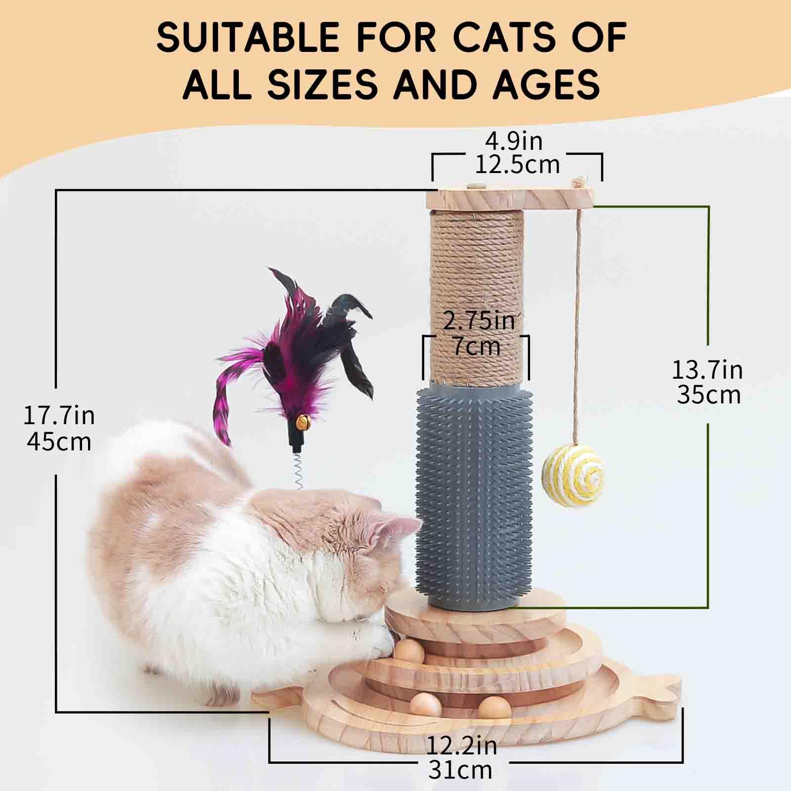 PetnFam 5 in1 Sturdy Fish-Shaped Base Cat Scratching Post Premium Sisal Tall Scratcher Two-Layer Cat Turntable with Interactive Balls and Dangling Ball for Indoor Kittens with Interactive Toys.