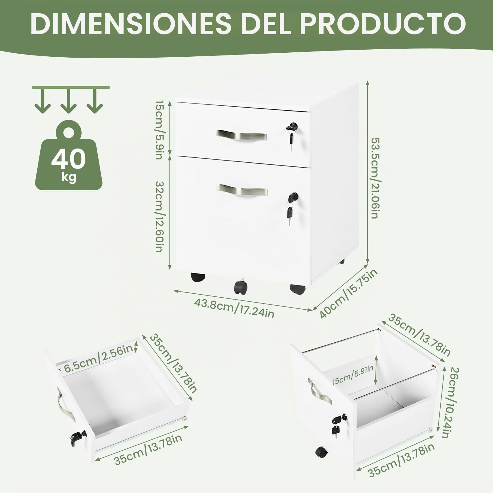 Cajonera Oficina, Cajonera Escritorio con 2 Cajones Cerradura y Llaves, Armario Archivador Móvil con 5 Ruedas para Bajo Escritorio Casa, con Barras Colgantes para A4 Carta Legal, Blanco