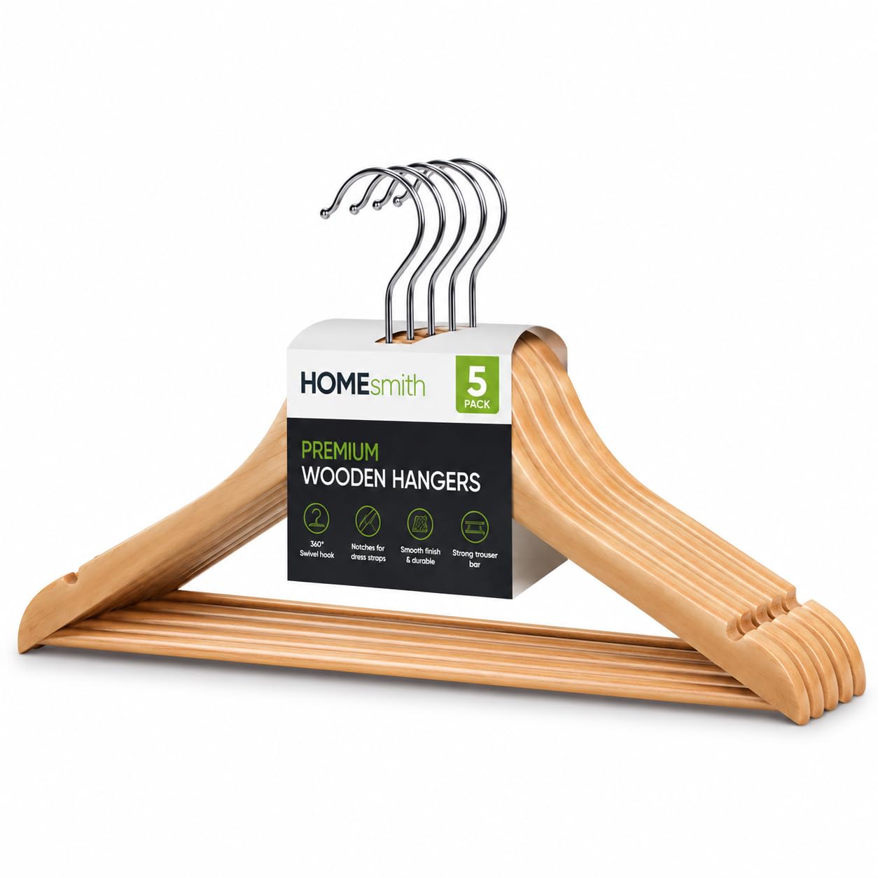 HOMESmith Wooden Clothes Hangers 5 Pack, Strong Natural Wood Wardrobe Hangers for Suits, Jackets & Coats