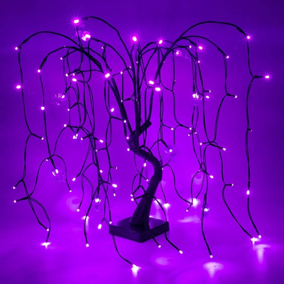 FUNARTY 100 LED Halloween Willow Tree Lights with Spiders Spooky Lights 24in Battery Operated for Home Party Wedding Festival Indoor Table Desktop Holiday Decoration, Purple