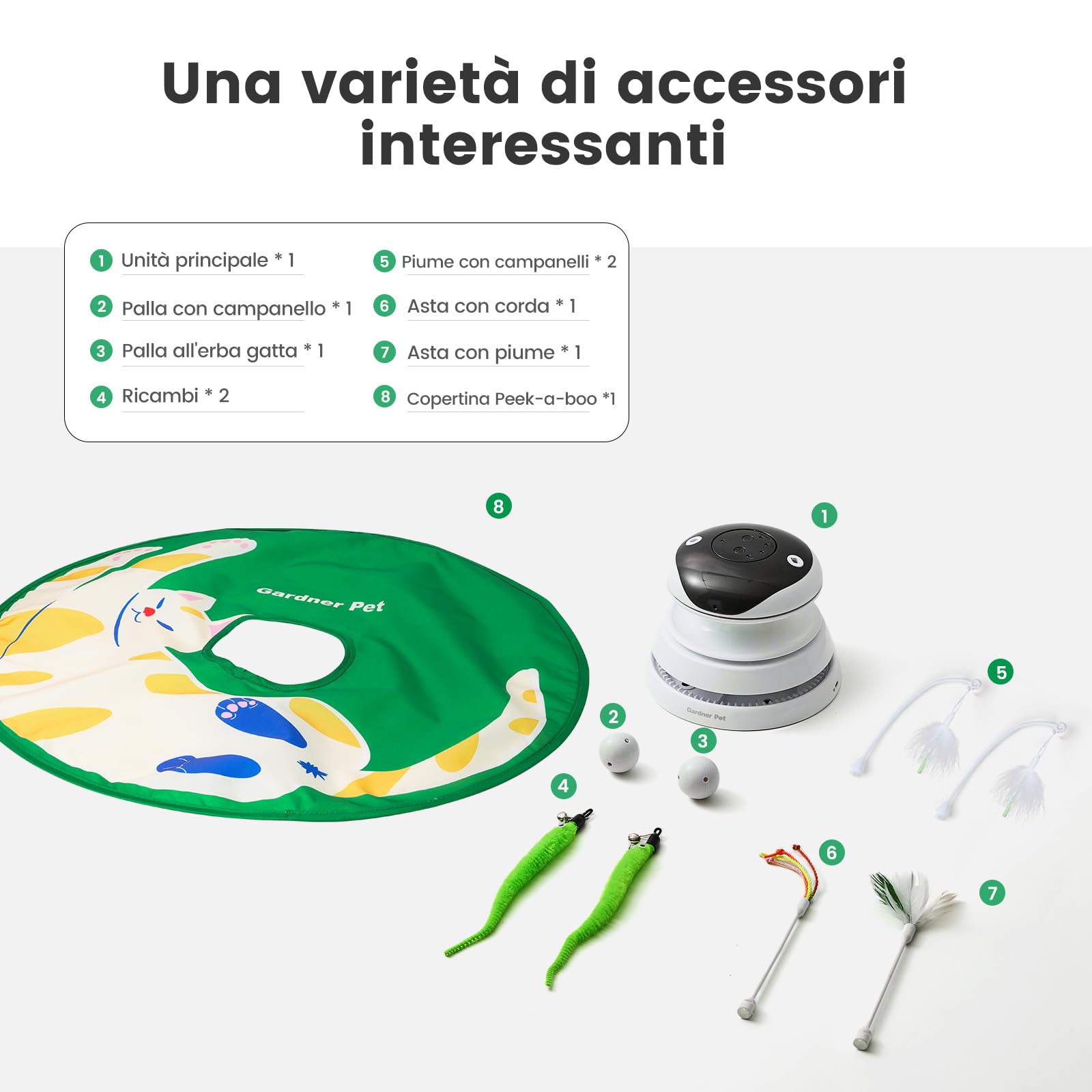 Gardner Pet Giocattolo per Gatti, 5 in 1 Elettrico Interattivo Automatico per Gatti, Gioco con Nascondino, Giocattolo con Piume, Laser, Palline e Suoni di Uccelli, Ricarica USB, Stile Gatto