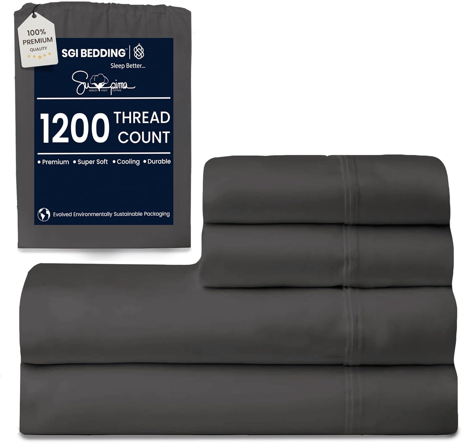 SGI 1200 Thread Count Supima Cotton King Sheet Set – Ultra Soft, Cooling & Deep Pocket 18” Fitted, Breathable & Durable 4-Piece Bedding Set for Luxury Hotel Quality Comfort -Dark Gray