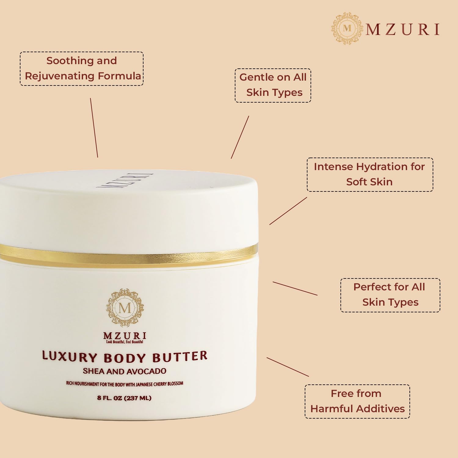 MZURI Body Butter, Whipped Shea and Avocado Blend, Fast-Absorbing, Deep Moisturizing Cream with Essential Oils, Non-Greasy, Natural Skincare for Dry, Glowing Skin, Organic Butter - 8 Fl. Oz