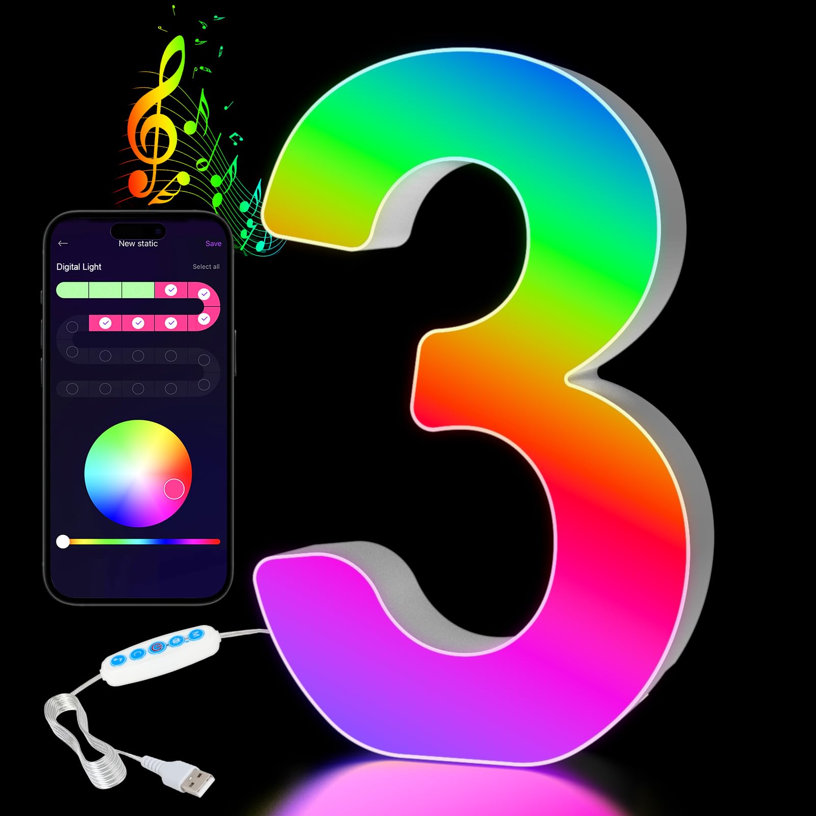 Numeri Luminosi LED con USB - 0-9 Numeri RGB con APP Controllo, Insegne Luminose Colorate per Decorazione, Compleanni, Matrimoni, Feste, Bar, Atmosfera，Numero - 3