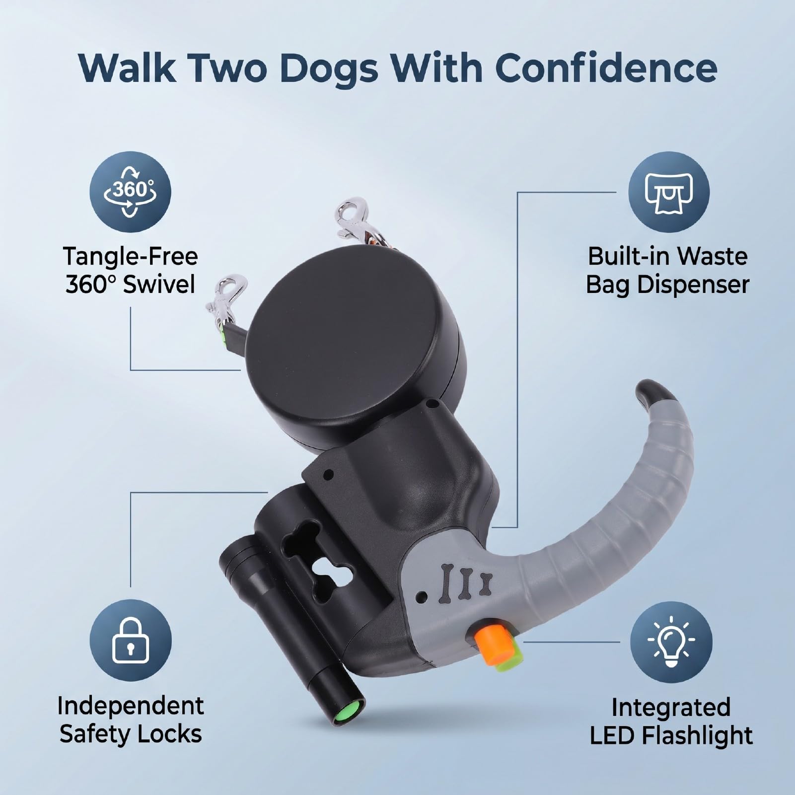 Generic Guinzaglio Doppio per Cani Antigroviglio a 360° con Luce LED e Supporto per Sacchetto dei Rifiuti Perfetto per le Passeggiate Serali per Cani Attivi (3 metri / 9,8 piedi)