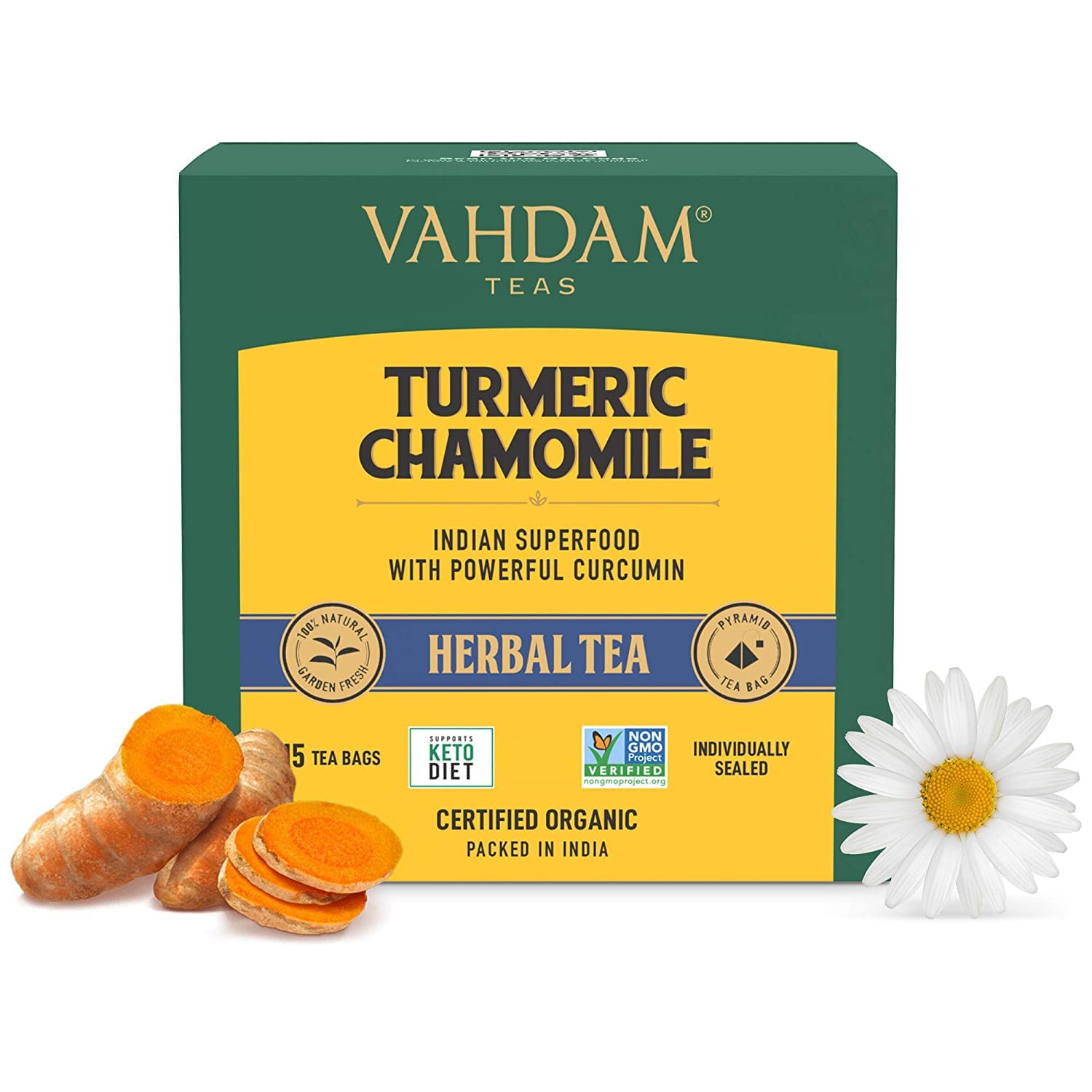 VAHDAM, Turmeric Chamomile Tea (15 Pyramid Tea Bags) Herbal Tea Bags- Active Turmeric, Chamomile Flowers | Premium Eco-Conscious Tea Bags- Brew Hot or Cold | Chamoile & Turmeric Tea