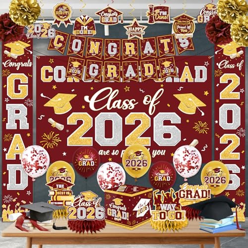 Image of Graduation Decorations Class of 2026 Maroon and Gold Graduation Decorations with Congrats Grad Banner,Backdrop,Porch Sign,Balloons,Hanging Swirls,Honeycomb Centerpieces,Box for Graduation Party Decor
