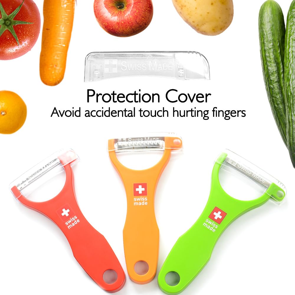 Swiss Peeler Gemüseschäler & Kartoffelschäler für Küche, Swiss Made Ergonomische Küchenschäler für mühelose Zubereitung - 3 Stück (Grün + Orange + Rot)