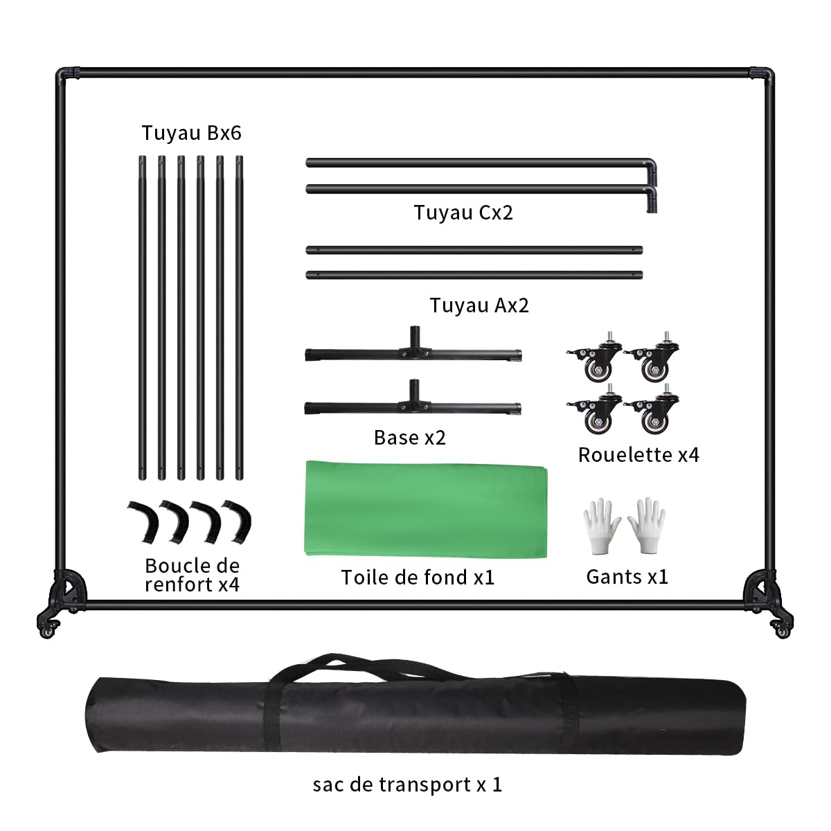 Support de Fond Vert Mobile Portable 7'x10' avec roulettes pour Photographie de Portrait et Produits en Studio Enregistrement Vidéo Disposition d’Arrière-Plan de Scène de Fête en Direct