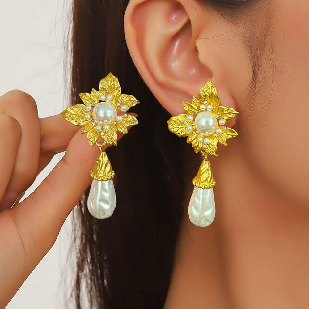 Chunky Flower Pearl Drop Dangle Earrings for Women,Vintage Teardrop Pearl Statement Dangling Earrings,Charming Dainty Jewelry Accessories Gifts - Image 2