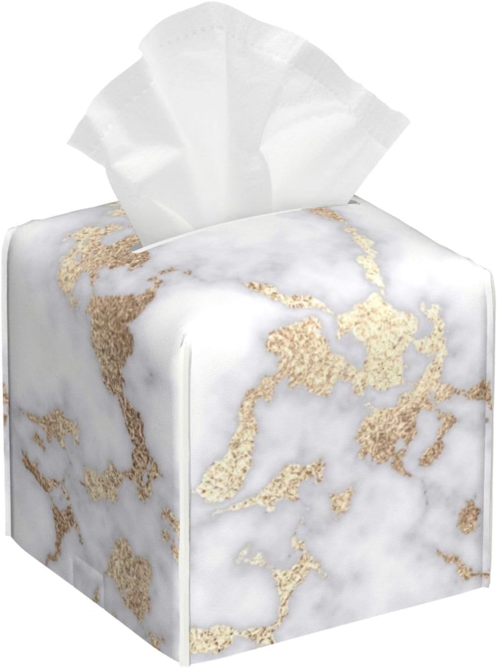 Tissue Box Cover Modern Chic White Gold foil Marble Modern PU Leather Square Tissue Box Holder - Decorative Holder/Organizer for Bathroom Vanity Countertop, Night Stands, Office Desk & Car