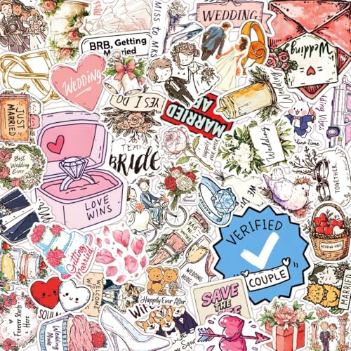 100 PCS Wedding Stickers Pack Waterproof Wedding Decals for Water Bottles Laptops Phones Notebook Cars Cool Vibrant Graphics for Wedding Enthusiast