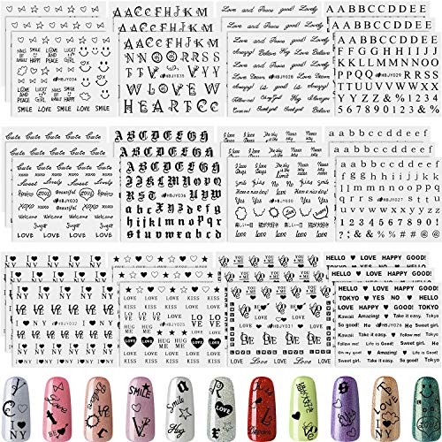 36 Sheets Black Letter Nail Art Sticker 3D Letter Nail Decal Old English Alphabet Nail Decals Adhesive Nail Art Sticker for Salon Home DIY Nail Decoration,12 Styles