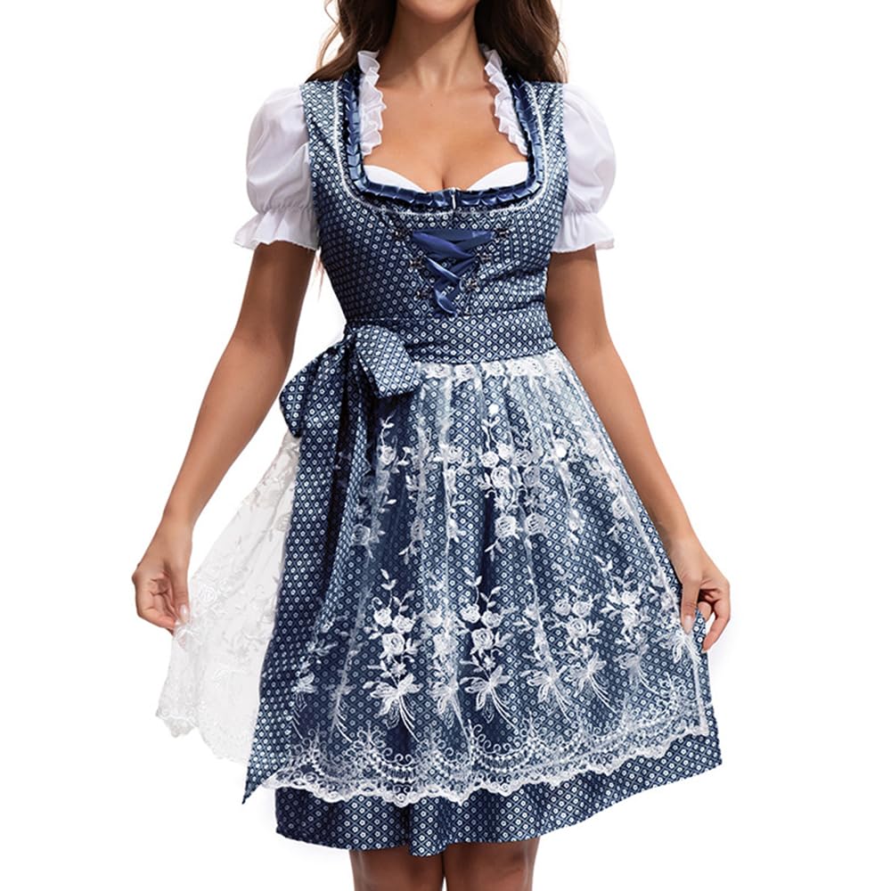 Foreverup 4tlg Dirndl Damen midi Trachtenkleid,Dirndlkleid Trachtenrock