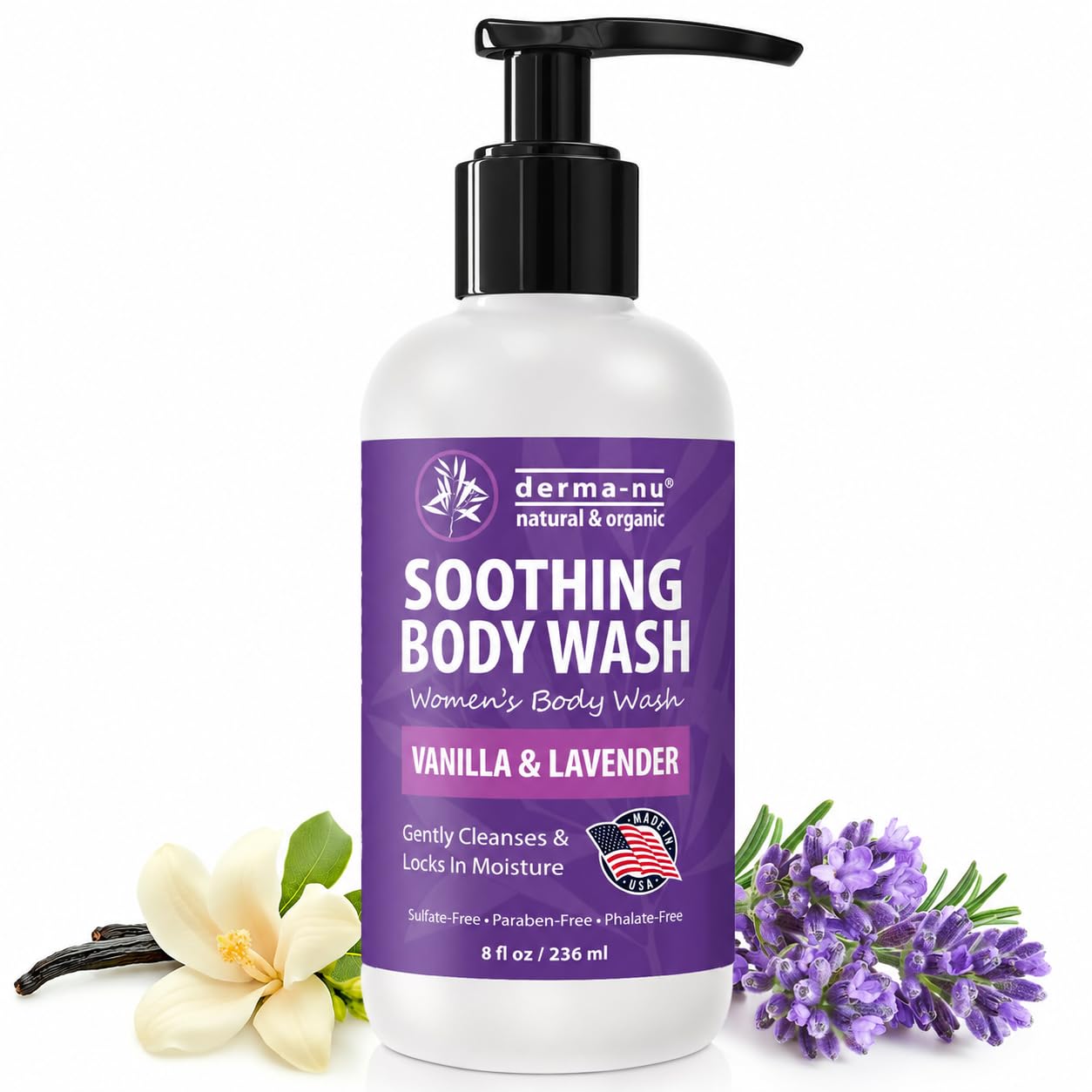 Derma-Nu Lavender & Vanilla Body Wash with Tea Tree Oil — Soothing & Purifying Shower Gel for Women | Odor Control Body & Foot Wash | Moisturizing |