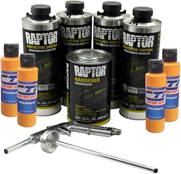 Raptor Truck Bed Liner Kit with Colored Safety Orange Tint and Spray Gun - 4 Liters - Protective Spray On Paint for Coating Trucks, Tailgates, Vehicle Undercoating - Tintable Bedliner Formula