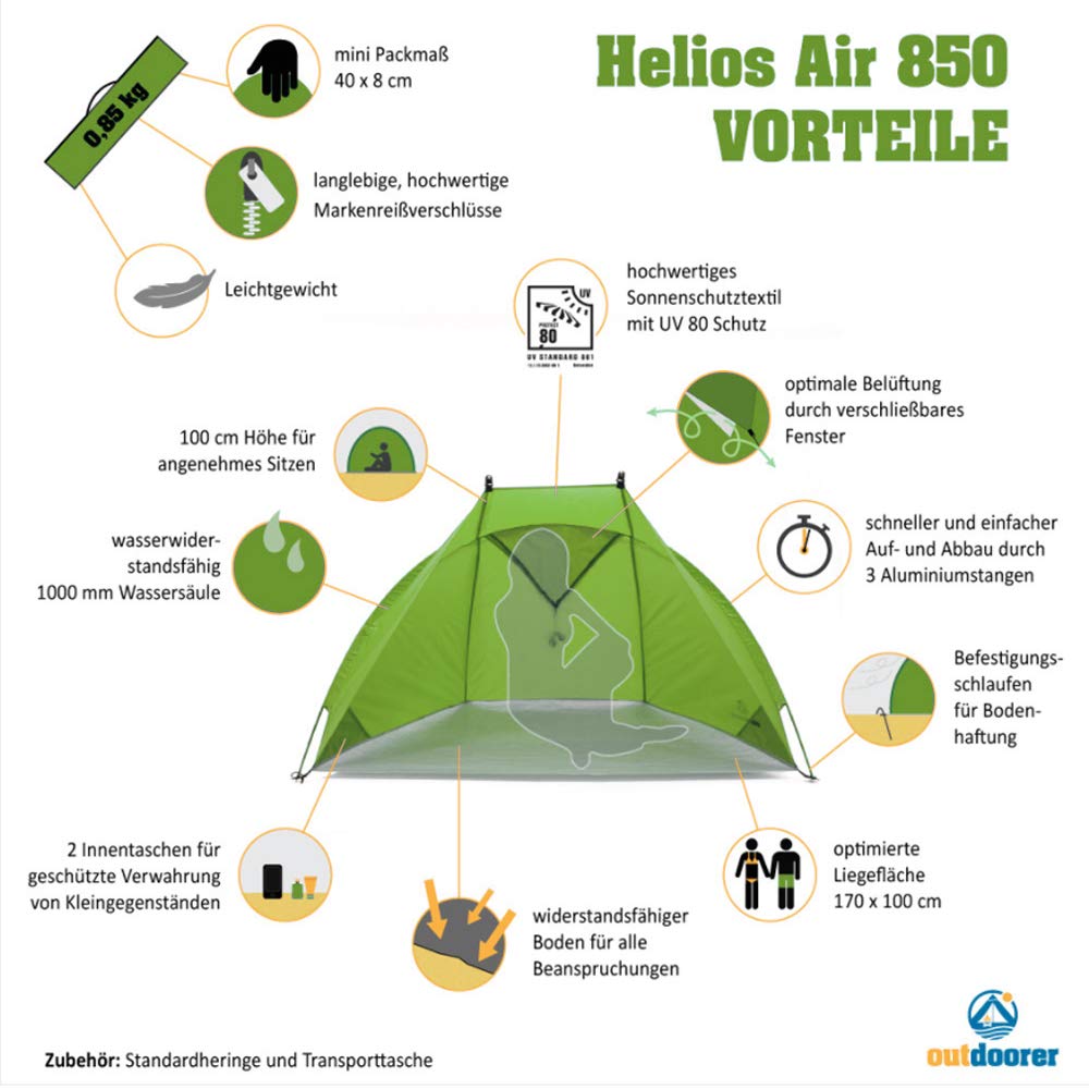 outdoorer Helios Air 850 Tente de plage légère avec protection solaire UV 80, petite taille une fois pliée pour les voyages, tente pare-soleil avec armature en aluminium