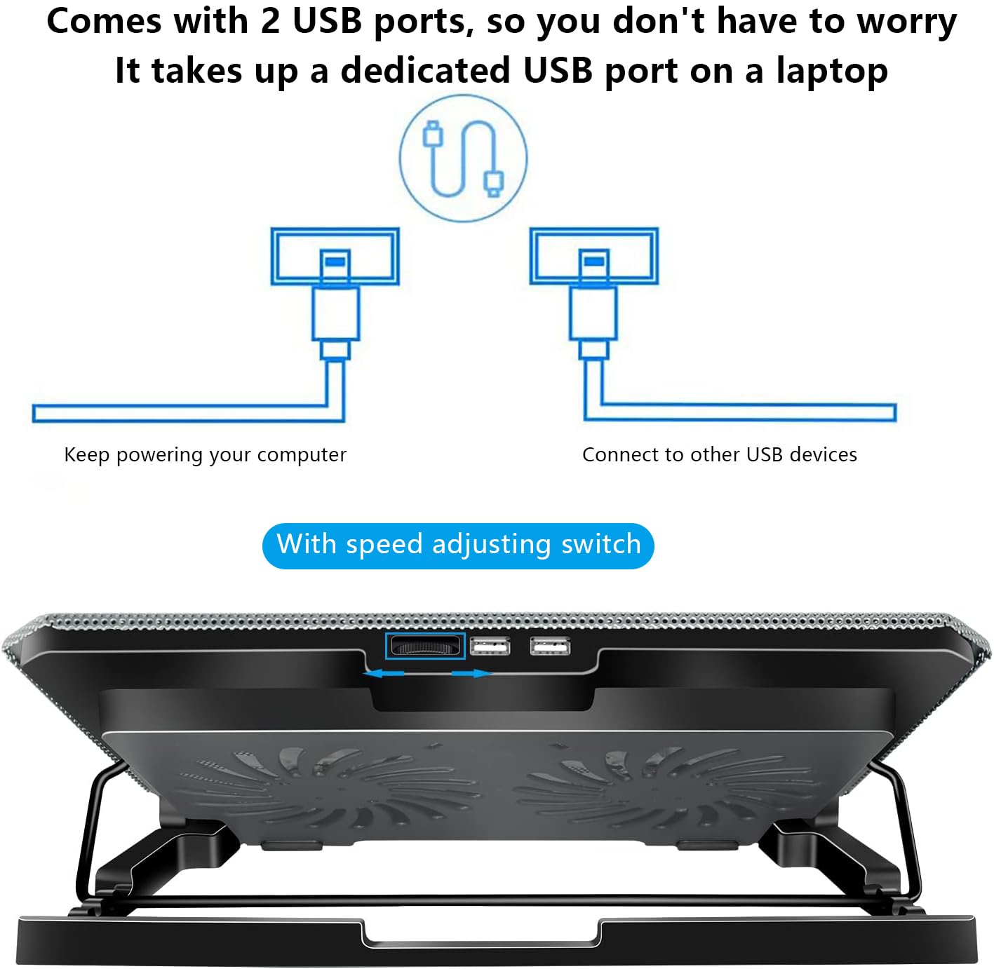 Laptop-Kühlpad, Kühlmatte mit 2 leisen Lüftern, LED-Leuchten und 2 USB-Anschlüssen, 5 Höhen und mit einstellbarer Geschwindigkeitshalterung, Metallgitter-Design, für 9-17 Zoll Laptops (Silber)