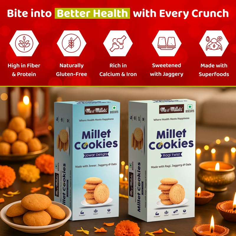 Image of ME & MILLETS Cookies & Chips Gift Pack | Ragi, Jowar Cookies (75g x1 each) + Pudina, Masala Chips (80g x1 each) | No Maida | Jain Friendly | High Fiber | Diwali Gift for Family, Friends & Corporate