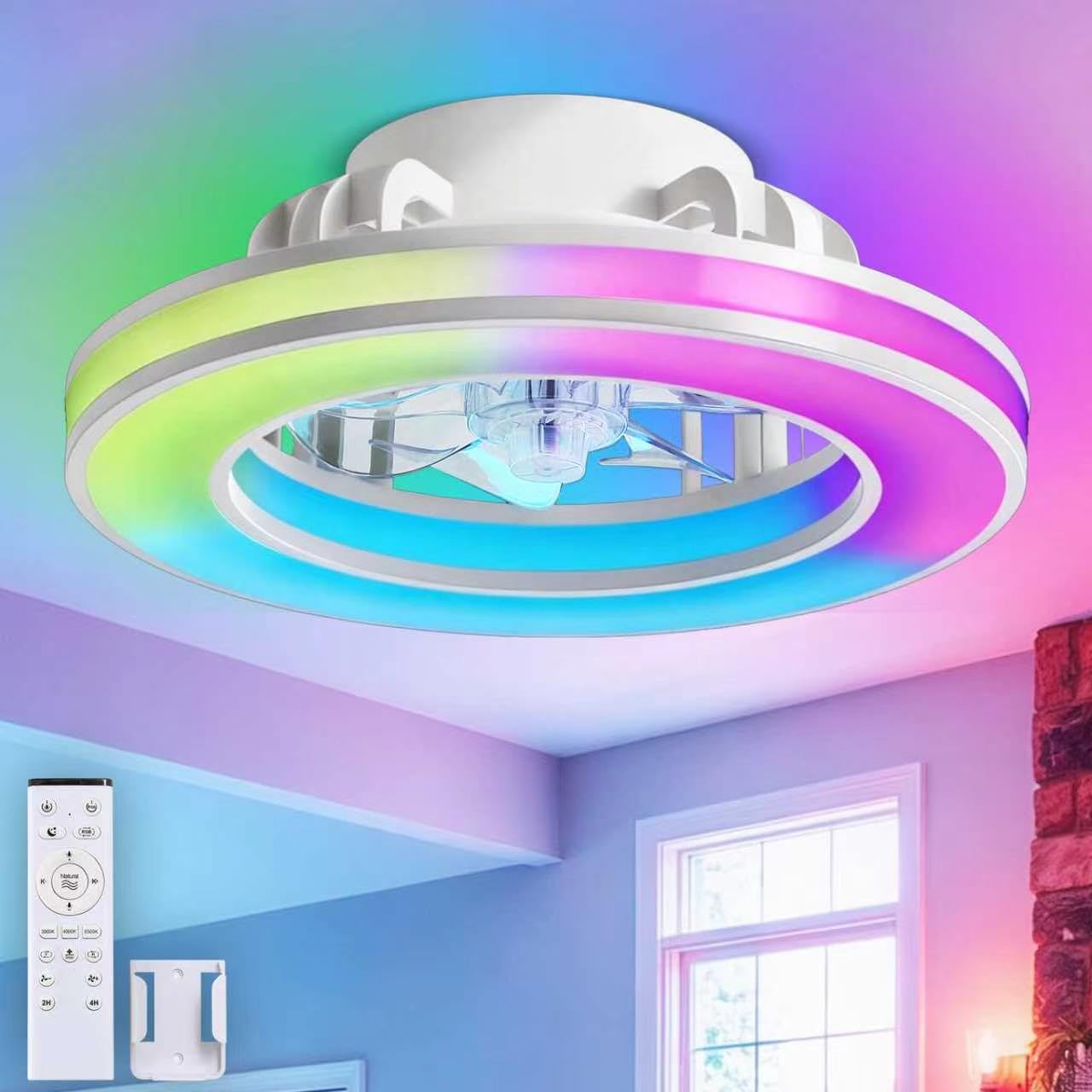 Ventilatore da Soffitto RGB Dimmerabile a LED | Bambino Cameretta Lampadario Ventilatore Reversibile con Telecomando, 6 Velocità Lampadario Per Camera Da Letto-White