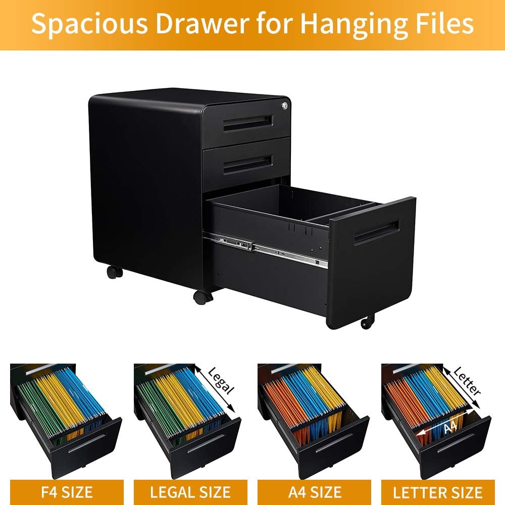 STEELCUBE 3 Drawer Filing Cabinet, Metal Filing Cabinet Legal/Letter Size with Lock, Mobile Storage Cabinet for Home and Office, Fully Assembled Except Wheels (Black): Kitchen & Dining