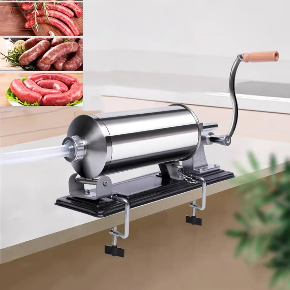 8-Pound Stainless Steel Horizontal Sausage Stuffer, A Manual Sausage Maker for Home Use, with 8 Sausage Stuffing Funnels and A Clamp-Type Base Design
