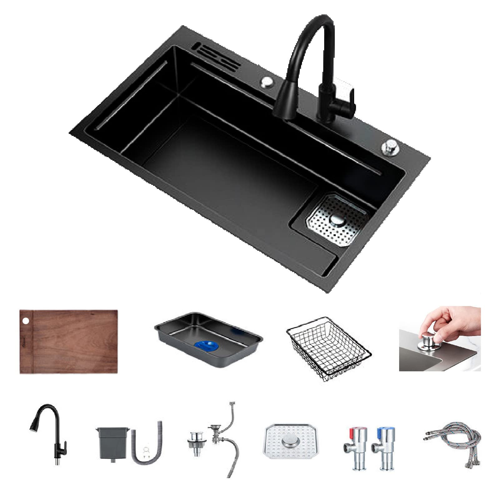 ANSNOWModular Kitchen Sink Corner Drain, Black Workstation Sink Undermount Bar, Undermount 16 Gauge Stainless Steel Kitchen Sink Single Bowl Dent-Resistant and Stain Resistant Matte Grey/Matte Black/