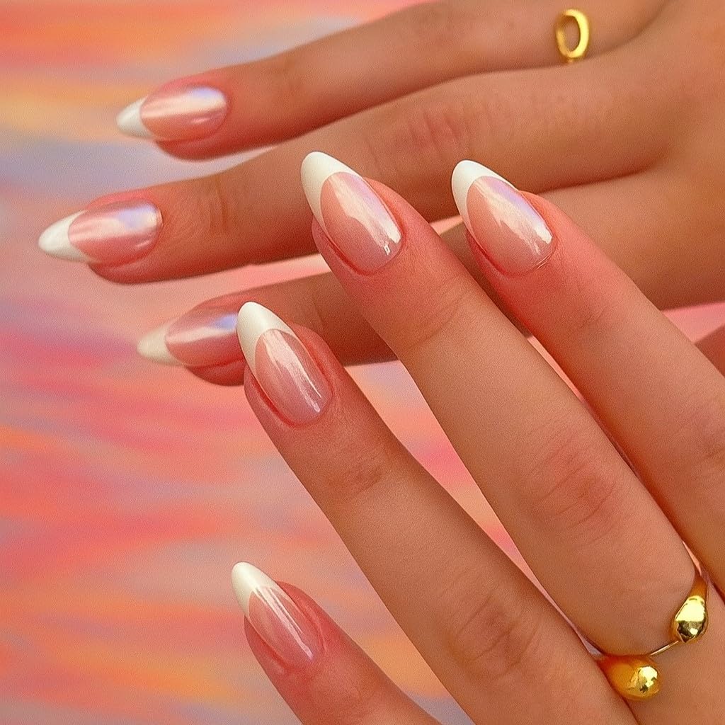 Sunburst Mart Pearl Chrome French Manicure Press-on Nails, Almond Shape, White Tips, Long Length-image-7