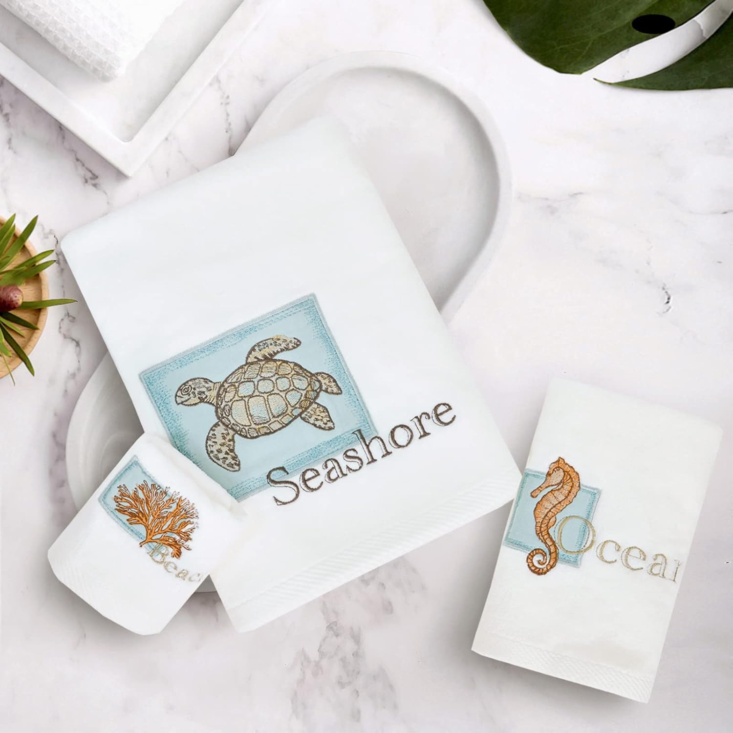 LIlianna Starfish and Seashell 3 Piece Towel Set 100% Cotton | 1 Bath Towel, 1 Hand Towel, 1 Washcloth | Supersoft, Highly Absorbent & Quick Dry (White, Sea Turtle)