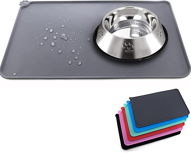 Dog Cat Food Mat,Non Slip Waterproof Pet Feeding Mat,Cat Dog Food Mat and Water Bowls Mat Silicone Pet Food Mat(47x30cm, Grey)
