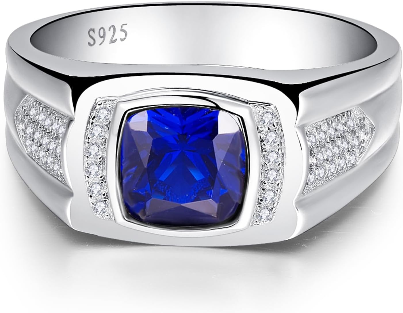 8 * 8mm 2.85CT 925 Sterling Silver Mens Gemstone Ring Princess Cut Created Black Onyx|Sapphire|Emerald|Ruby Mens Wedding Band Engagement Ring Pave CZ W/AAA Size 6-13 - Image 2