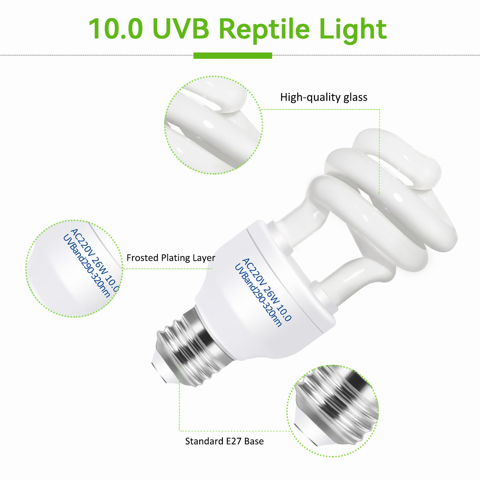 Lampada UVB 26W 10.0 Per Rettili – Luce A Spettro Per Tartarughe, Lucertole, Camaleonti E Draghi Barbuti, Attacco E27 220V
