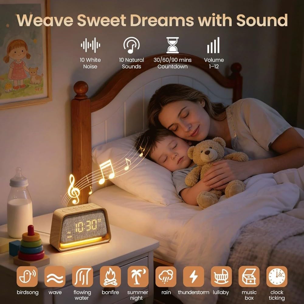mit Licht Nachttischlampe mit 10 Weißen Geräuschen & 10 Natürlichen Geräuschen 3 Helligkeitsstufen Nachtlicht für Schlafzimmer & Kinderzimmer für Schlafzimmer Doppelalarm Geschenk für M