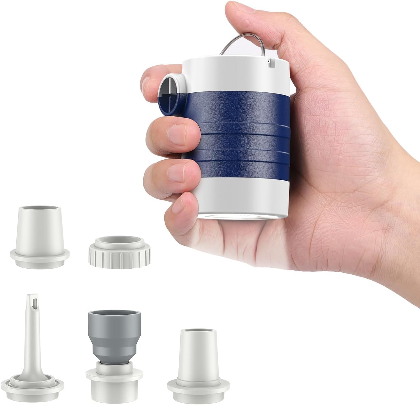 Anngrowy Mini- Elektrische Luftpumpe, Akku Luftpumpe mit Schnellauf- und Ablassfunktion, 5 Luftdüsen & 3-stufigem Campinglicht, Tragbare Inflator für Luftmatratze, Pool & Schlauchboot