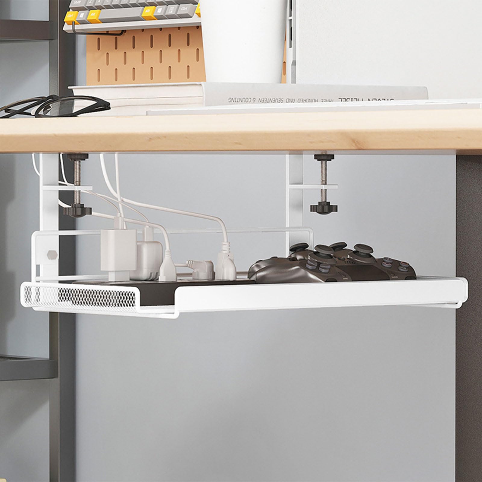 Platzsparender Korb unter dem Schreibtisch, Untertischbox, Aufbewahrungslösung für den Schreibtisch, mit Karbonstahlkorb, Büroorganisation
