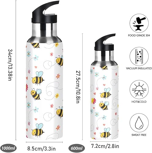Miniatura 2 de BPA-Free Sports Water Bottle 20 Oz, Stainless Steel Vacuum Insulated Water Bottle for Gym Outdoor Travel School, Cute Cartoon Bees Floral White
