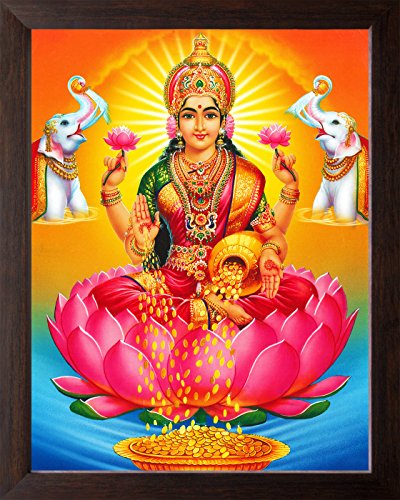 Art n Store: Déesse de la richesse, Maa Laxmi sous la douche, impression HD religieuse et décorative avec cadre marron avion (30 x 23,5 x 1,5 cm, bois marron)