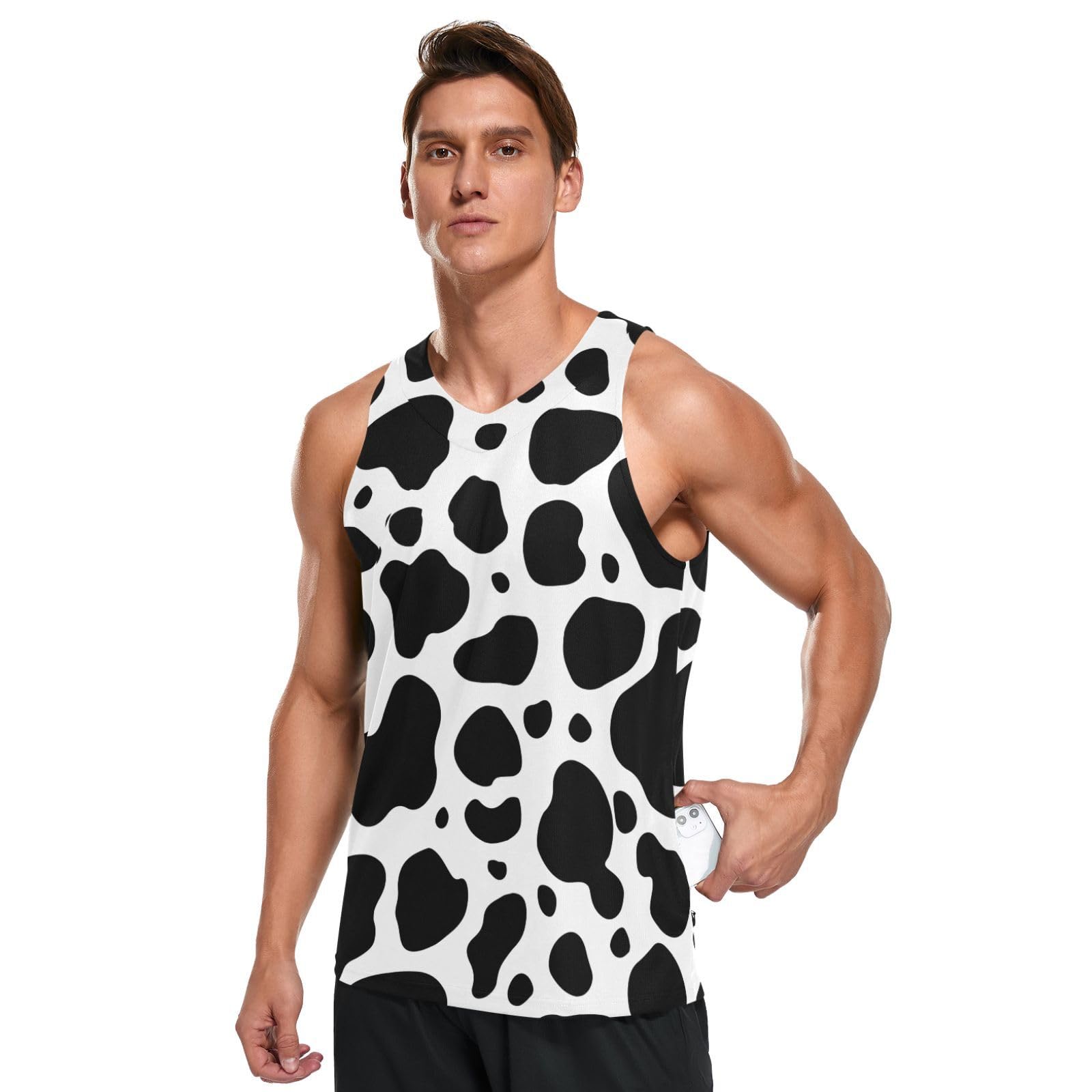 JHKKU Men's Quick Dry Sports Tank Tops for Gym Athletic Fitness Running Workout Beach Sleeveless Shirts with Pocket, Cow Print, Medium