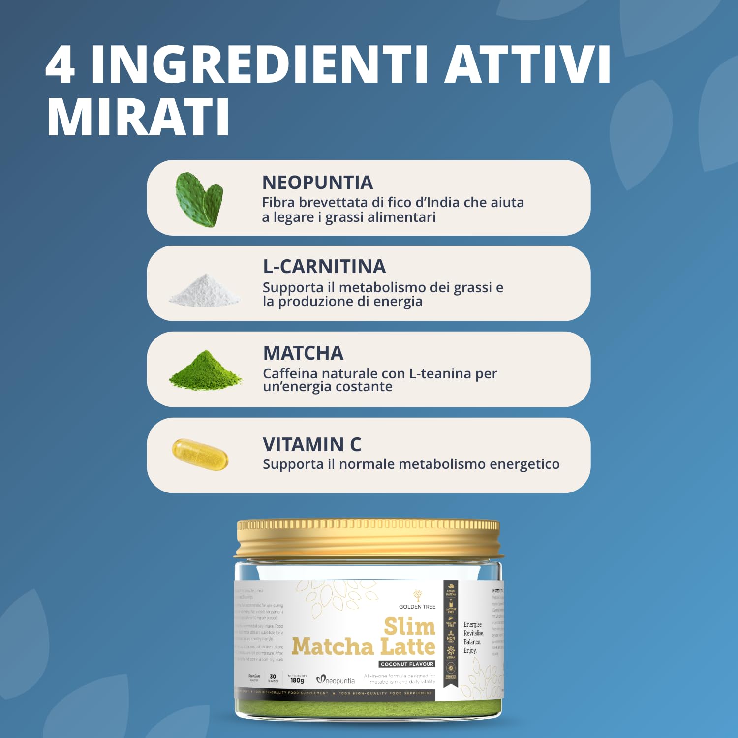 Golden Tree Slim Matcha Latte – Matcha Polvere, 180 g, 30 Porzioni | Latte di Cocco, L-carnitina, Fico d’India e Vitamina C, Polvere di Tè Verde, 2% di Caffeina