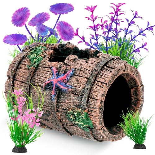 Binswloo Fish Tank Decorations, Betta Fish Tank Accessories Aquarium Ornaments, Broken Barrel Cave Decor, Starfish Barrel x 1, Fish Tank Plants x 4