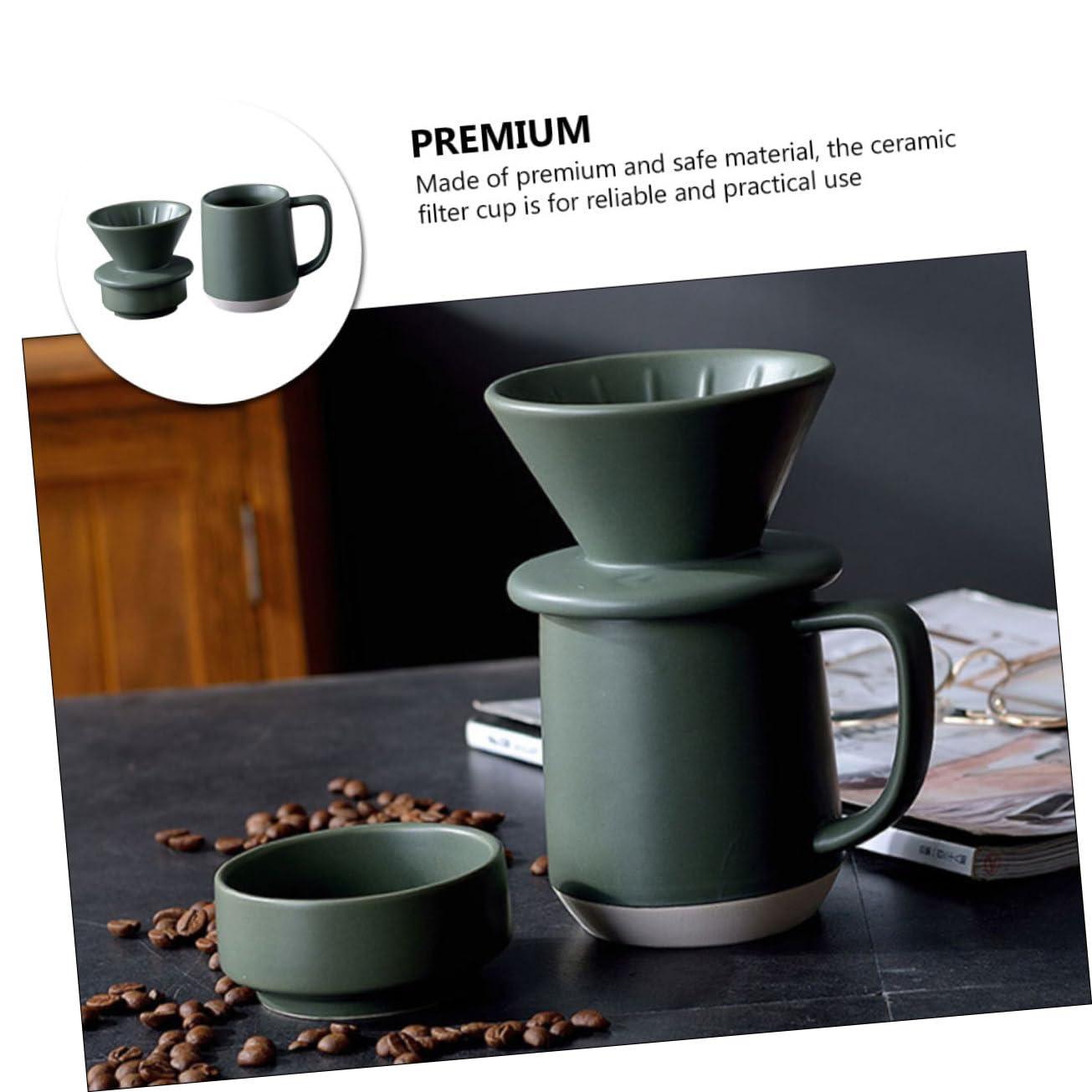 Keramischer Kaffeefilterbecher für Filterkaffee, Satz mit Tasse, Grün | Feine Filterfunktion, Tragbar und Leicht, Praktische Nutzung, Schlichtes Design, Grüne Ausführung
