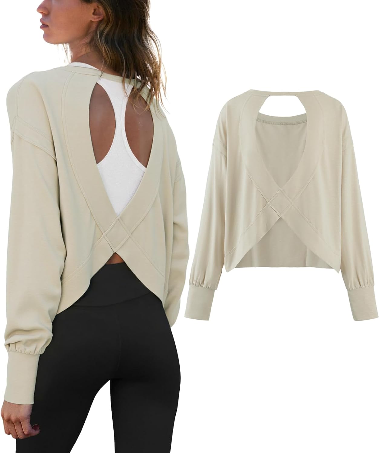 DERAX Long Sleeve Open Back Workout Tops Athletic Shirts Casual Running Tee Y2k Yoga Gym Tops Khaki XS