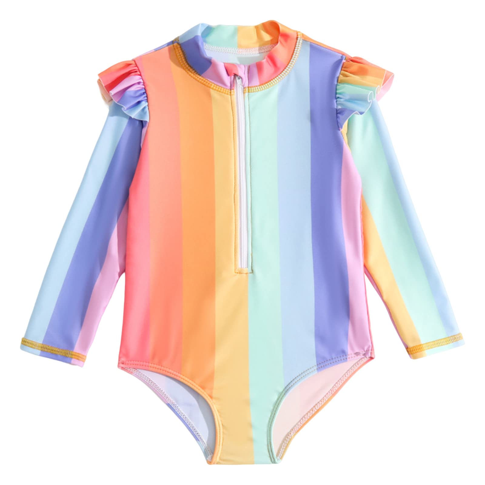 RNTOP Toddler Baby Girls Swimsuit Rash Guard Long Sleeve Ruffles Rainbow Stripe Swimwear with Zipper UPF 50+ Summer Clothes
