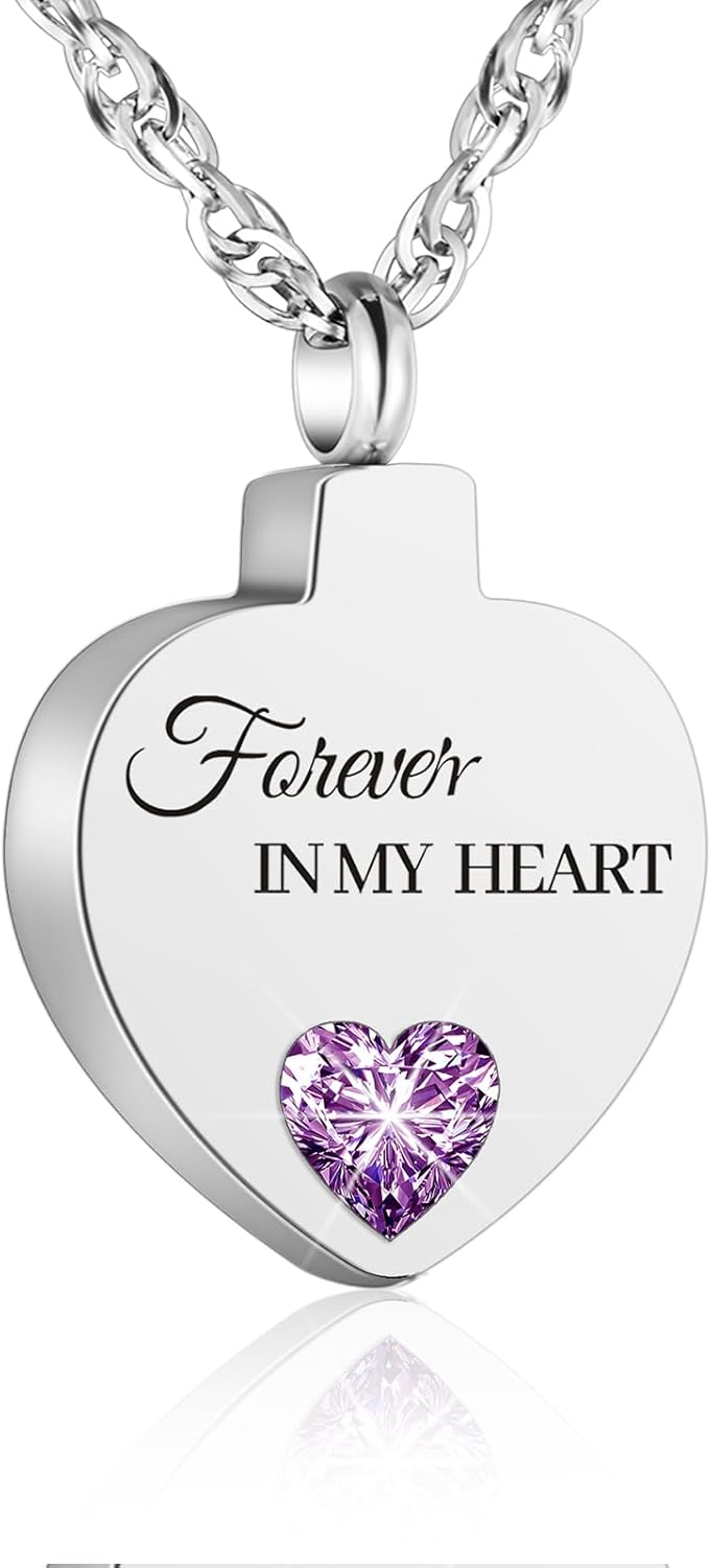 XIUDA Crystal Cremation Urn Necklace for Ashes Keepsake Birthstone Cremation Jewelry Heart Ashes Necklace for Women Stainless Steel Memorial Pendant - Forever In My Heart