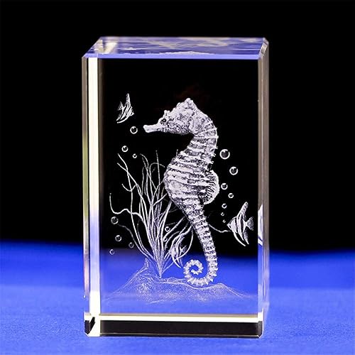 Miniatura 2 de Modelo de estatua de caballito de mar de cristal de cristal, arte de figura de caballito de mar grabado con láser 3D, cubo de cristal de animal,