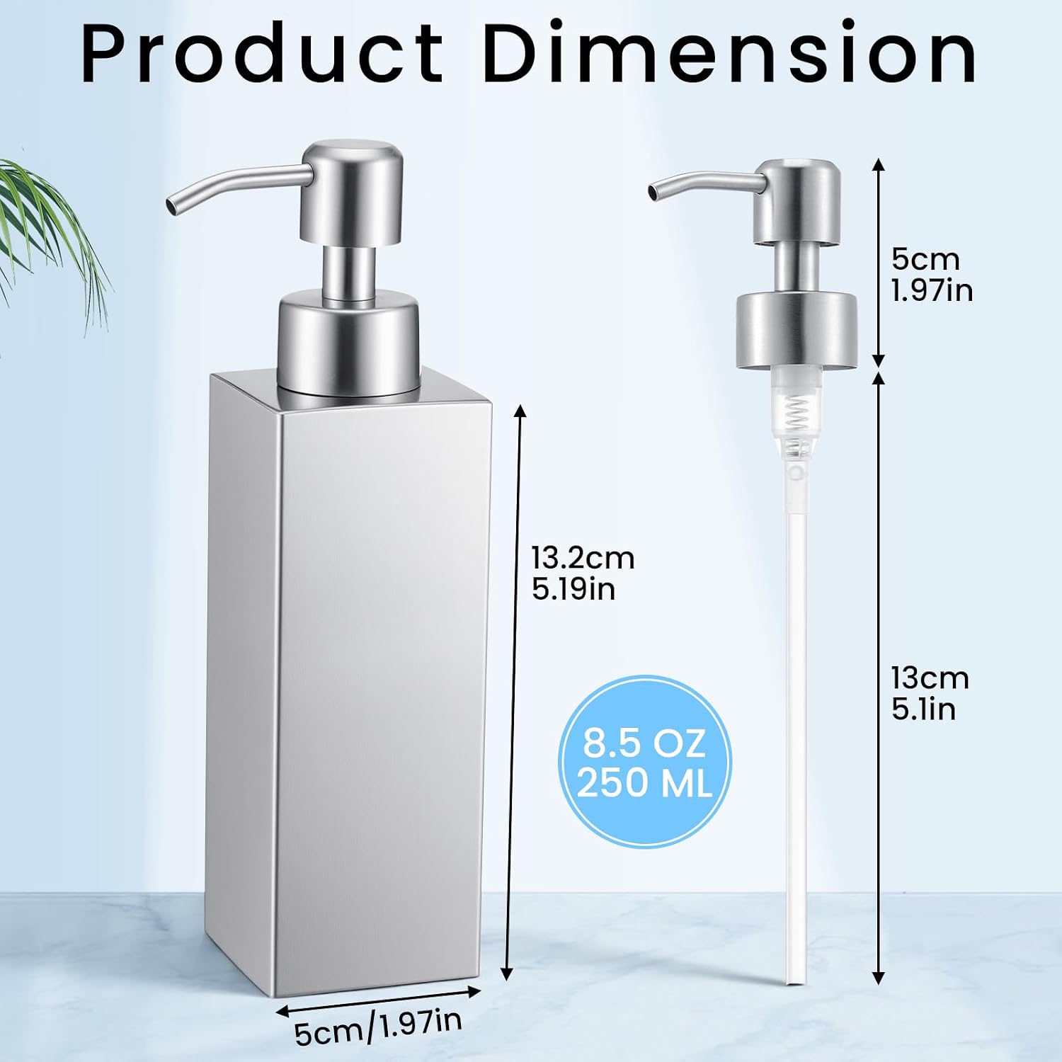 Teenyyou 2 Pcs 8.5 Oz/ 250 ml Large Stainless Steel Soap Dispenser Countertop Liquid Hand Soap Pump Bottle Rust Proof Metal Dispenser for Countertop Bathroom Kitchen Hand Dish Lotion (Square)