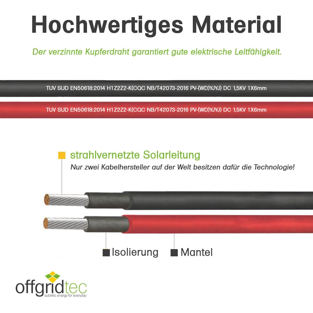 Offgridtec Solar-Verlängerungskabel, PV-Stecker zu PV-Stecker, 6mm² verzinnte Kupferlitze, doppelt isoliert, XLPO, TÜV SÜD EN50618-zertifiziert, UV-beständig, für Photovoltaikanlagen (10m,Rot/Schwarz)