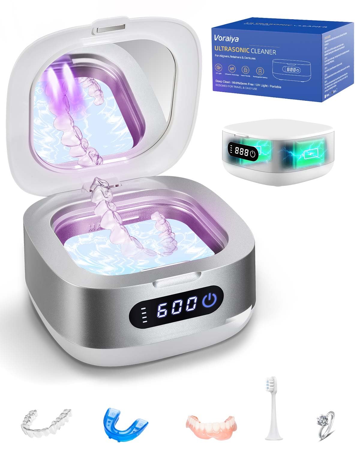 Voraiya Pulitore Ultrasuoni per Bite e Apparecchio Denti, Dental Pod Compatto e Silenzioso, Batteria Ricaricabile 4000 mAh, IPX7 Impermeabile, 166 ml, per Allineatore, Dentiera Viaggio