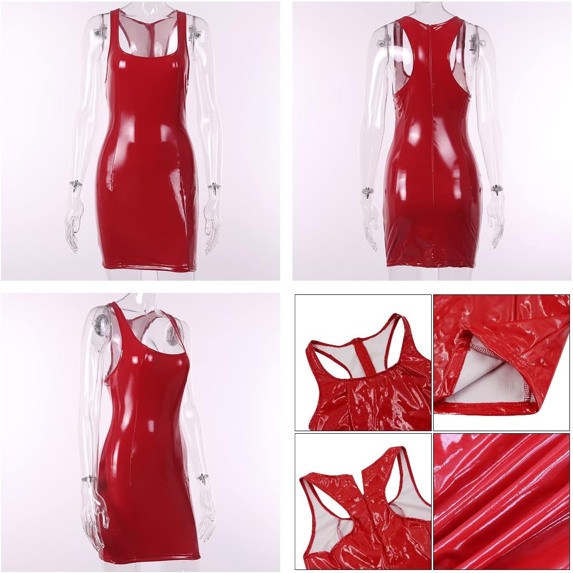 AIBEARTY Women PU Leather Bodycon Dress Sexy Sleeveless Low Cut Back Zipper Elastic Mini Dress Party Club Dresses - Image 6
